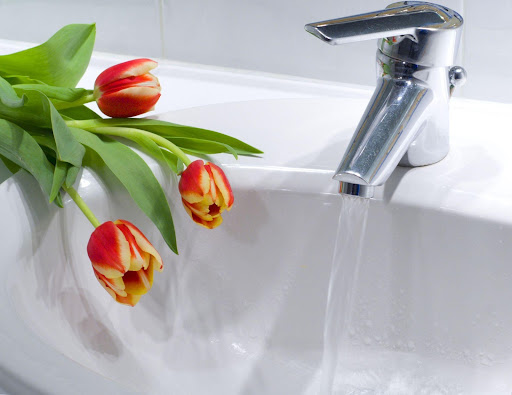 flowers next to sink and running faucet